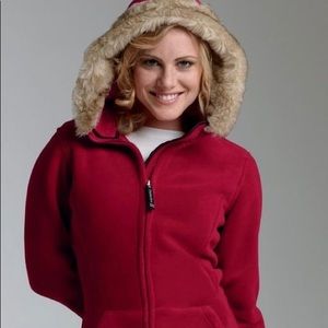 Faux fur trimmed fleece hoodie in RED